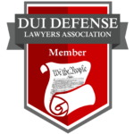DUI Defense Lawyers Association member badge with red shield and scroll banner (Member).